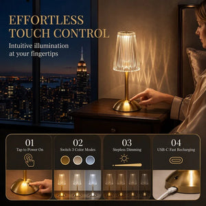 Rechargeable LED Table Lamp, Brushed Gold Aluminum, Prismatic Shade, Touch Stepless Dimming, 3 Color Modes, USB-C Charging