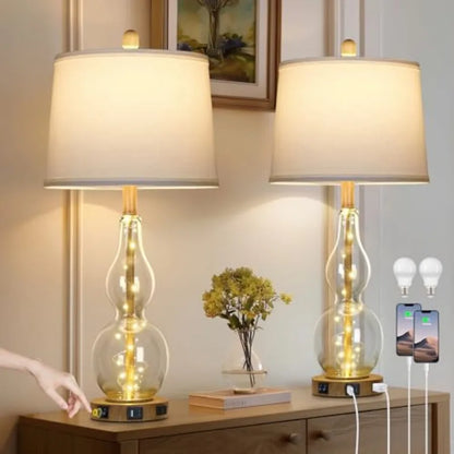27.5-Inch Glass Table Lamps Set of 2 with Night Light, USB Charging Ports and AC Outlet, Modern Bedside Lamps