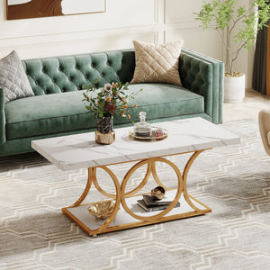 47.24" Rectangle Coffee Table with 2-Tier Storage, Faux Marble Wood Center Table for Living Room