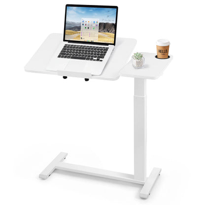 Height Adjustable Overbed Table with Wheels, Tilting Desktop & Cup Holder, Mobile Rolling Bedside Laptop Desk for Bed & Sofa