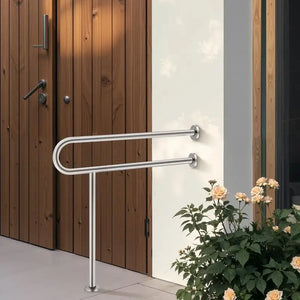31.5" U-Shaped Toilet Safety Rail – 304 Stainless Steel Grab Bar with Anti-Slip Handle & Support Leg, 300 lb Capacity