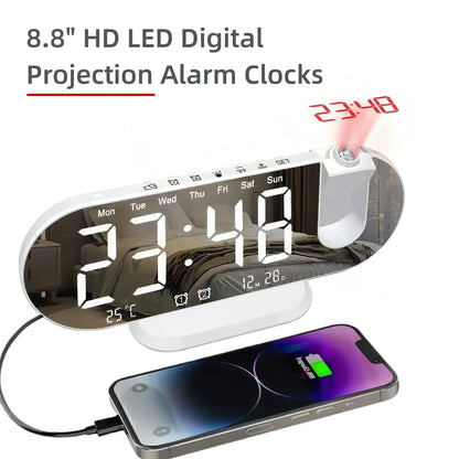 8.8-Inch LED Projection Alarm Clock with 180° Ceiling Projector, Dual Alarms, USB Charging, Temperature & Adjustable Brightness
