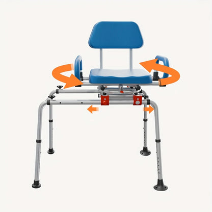Sliding Shower Chair with Swivel Seat – Height Adjustable Tub Transfer Bench with Armrests, Padded Seat & Safety Belt