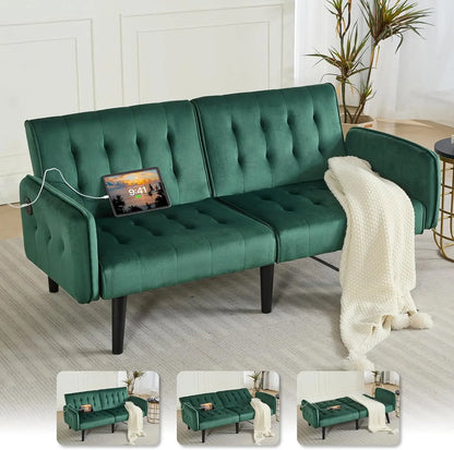65-Inch Futon Sofa Bed – Convertible Tufted Loveseat with Adjustable Backrest & Dual USB Charging for Small Spaces, Dark Grey