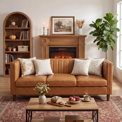 81-Inch Cognac Tan Faux Leather Sofa – Mid-Century Modern 3-Seater Deep Seat Couch with Wood Frame for Living Room & Apartment