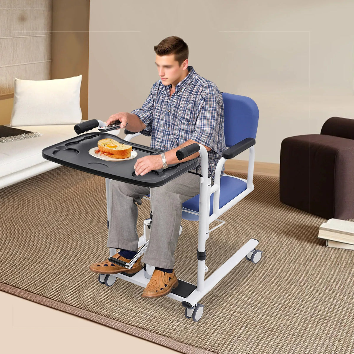 Hydraulic Patient Lift Transfer Chair – Height Adjustable Transport & Shower Wheelchair with 180° Split Seat, 330 lb Capacity