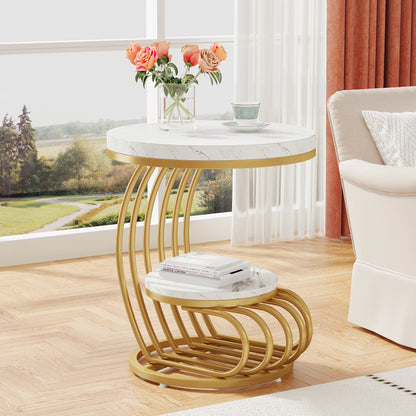 2-Tier Round Side Table with Faux Marble Top & Storage Shelf, Modern White and Gold End Table