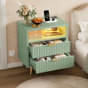 2-Drawer Nightstand with Charging Station & LED Light, 2 USB-A Ports, AC Outlet, Open Shelf & Fluted Drawers for Bedroom