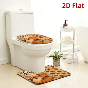Fall Thanksgiving Bathroom Rug Set, Non-Slip Absorbent Bath Mat with Pumpkin & Maple Leaf Design, Toilet Lid Cover