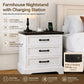 Farmhouse Nightstand with Charging Station, 3-Drawer Bedside Table with 2 AC Outlets & 2 USB Ports, White Storage Cabinet