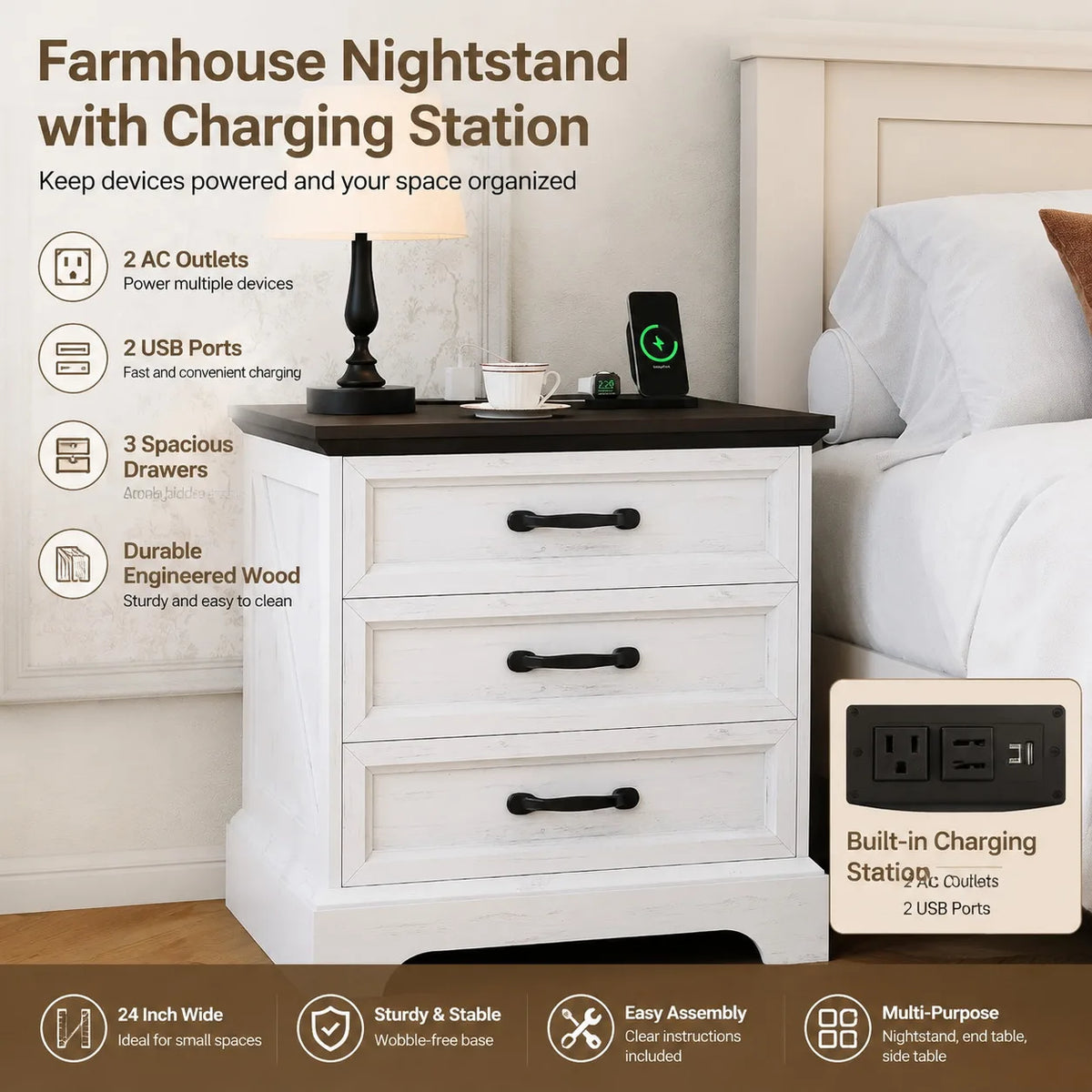 Farmhouse Nightstand with Charging Station, 3-Drawer Bedside Table with 2 AC Outlets & 2 USB Ports, White Storage Cabinet