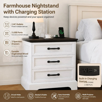 Farmhouse Nightstand with Charging Station, 3-Drawer Bedside Table with 2 AC Outlets & 2 USB Ports, White Storage Cabinet