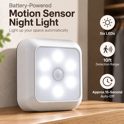 Battery Powered Motion Sensor Night Light, 6 LED 10ft Detection, 15-Second Auto-Off for Closet, Hallway & Stairs