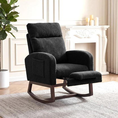Nursery Glider Rocking Chair with Adjustable Footrest – High Back Upholstered Lounge Chair with Side Pockets, Beige