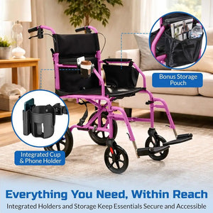 Ultra-Lightweight Foldable Transport Wheelchair – Extra-Wide Seat, Handbrakes & 12" Rear Wheels