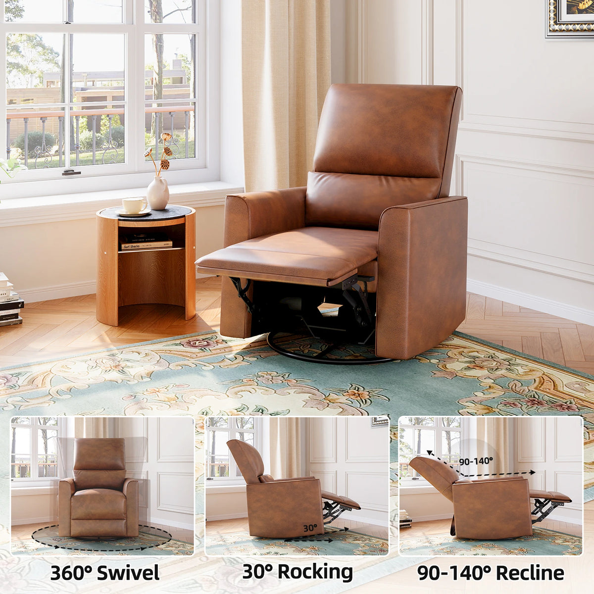 Swivel Rocking Recliner Chair – Deep Seat PU Leather Glider Recliner with High Backrest for Living Room & Bedroom