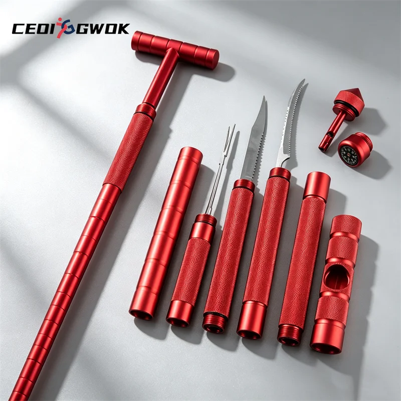 Aluminum Alloy Multifunctional Trekking Pole with T-Handle & Detachable Accessories