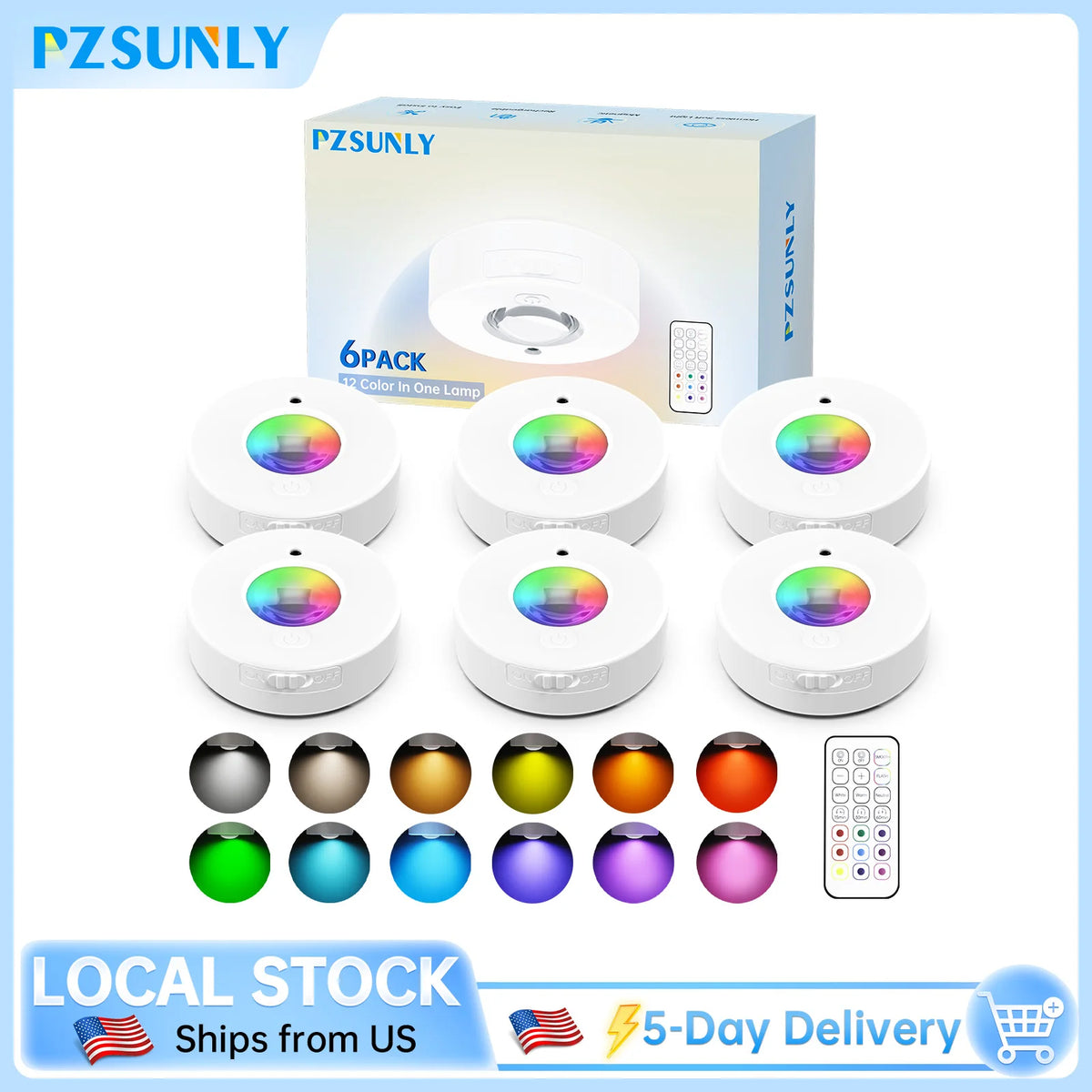 Rechargeable Magnetic RGB LED Night Light, 12 Colors, Remote Control, USB-C, for Cabinets, Bedroom & Hallway
