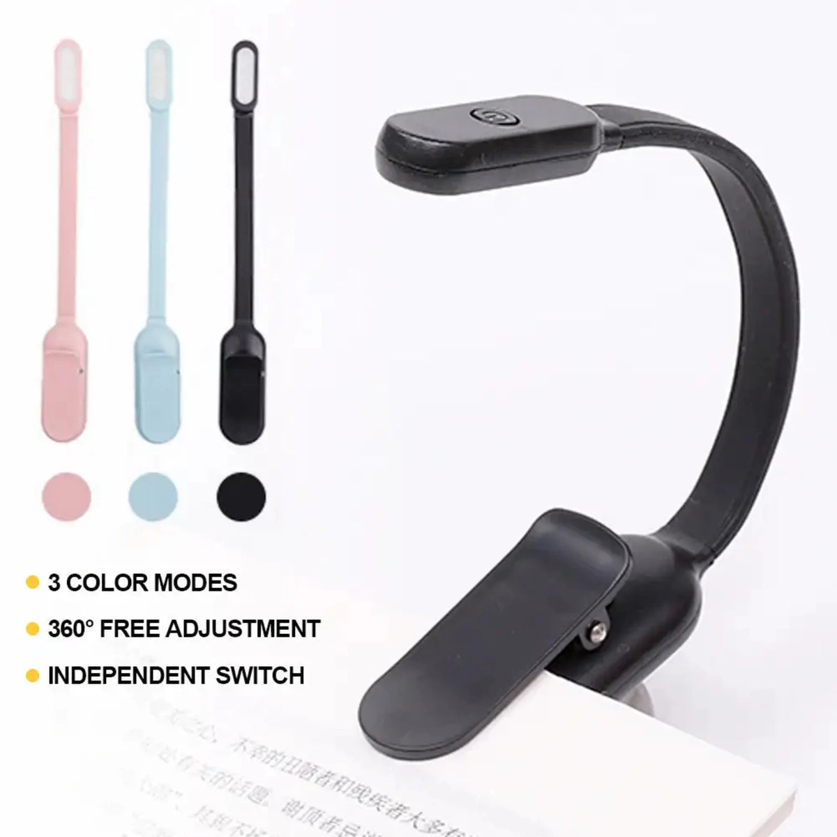 Rechargeable USB LED Clip-On Book Light with 3 Light Colors and Adjustable Brightness for Reading and Travel