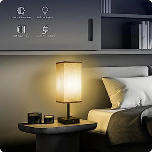 Bedside Table Lamps Set of 2, 3-Way Dimmable Touch Nightstand Lamps with USB-A and USB-C Charging Ports and AC Outlets for Bedroom