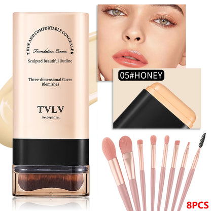 2-in-1 Foundation & Concealer Stick with Built-In Brush and 8-Piece Makeup Brush Set, Lightweight Coverage