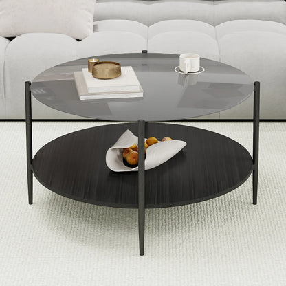 32.28" Modern Round Coffee Table with Black Tempered Glass Top & Solid Walnut Wood Storage Shelf