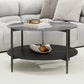 32.28" Modern Round Coffee Table with Black Tempered Glass Top & Solid Walnut Wood Storage Shelf