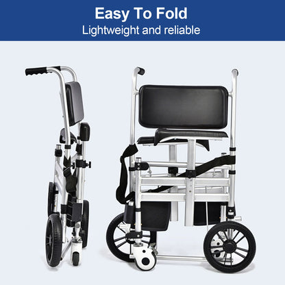 3-in-1 Folding Rolling Shower Commode Chair – Lightweight Wheelchair with Locking Wheels, Padded Arms & Removable Bucket