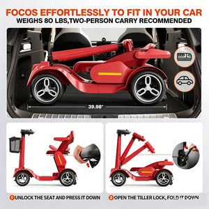 Foldable Electric Mobility Scooter for Adults, All-Terrain Lightweight Portable 4-Wheel Travel Scooter, Red