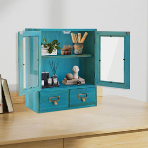 2-Tier Blue Wood Storage Cabinet with 2 Drawers & Double Doors, Space-Saving Organizer for Bedroom, Living Room & Home