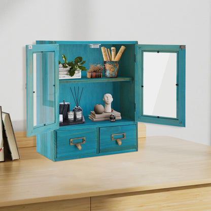 2-Tier Blue Wood Storage Cabinet with 2 Drawers & Double Doors, Space-Saving Organizer for Bedroom, Living Room & Home