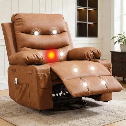 Swivel Rocker Recliner Chair with Massage & Heat – Reclining Lounge Chair with Cup Holder, Side & Front Storage Pockets