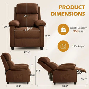 Padded Deep Seat Recliner Chair – Compact Reading Lounge Chair with Side Pockets for Living Room & Small Spaces