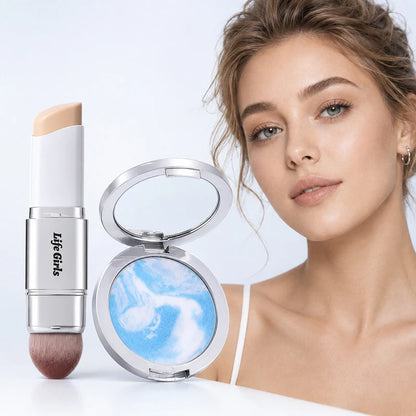 2-Piece Foundation Stick & Setting Powder Set, Built-In Brush, Buildable Coverage & Natural Matte Finish