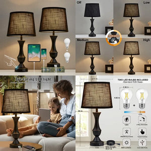 Tall Touch Table Lamps with USB-A and USB-C Charging Ports, Bedside Nightstand Lighting for Bedroom, Living Room and Office