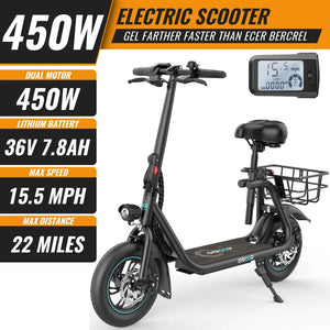 450W Electric Scooter with Seat for Adults, 15-Mile Range, 16 MPH, 12" Tires, Rear Basket, Adjustable Seat, UL2272 Certified