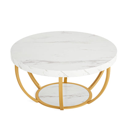 31.7" Round 2-Tier Coffee Table with Storage Shelf, Industrial Wood Center Table for Living Room