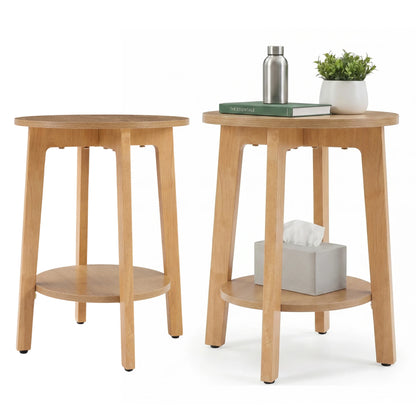 Round Wood Side Table with 2-Tier Storage Shelf, Coffee End Table for Living Room & Bedroom