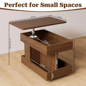 Solid Wood Lift-Top Coffee Table with Storage & Wheels, Square Walnut Wood Side Table, No Assembly Required