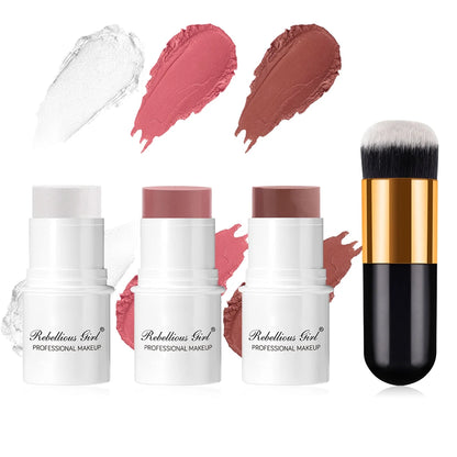 3-Piece Cream Blush, Highlighter & Contour Stick Set with Makeup Brush, Long-Lasting Face Makeup