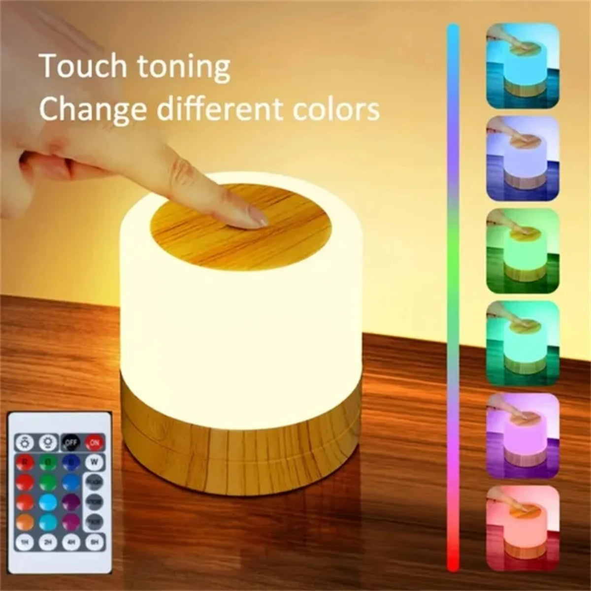 7-Color LED Bedside Table Lamp with Wooden Base, Dimmable Brightness and Remote Control