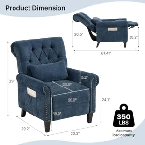 Chenille Pushback Recliner Chair – Upholstered Accent Lounge Chair with Adjustable Footrest & Side Pocket
