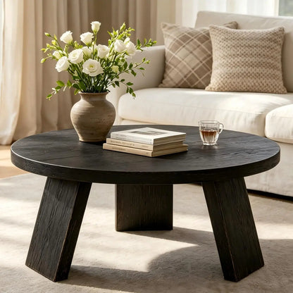 33.5" Round Coffee Table with Wood Grain Top & Angled Legs, Modern Center Table for Living Room & Apartment