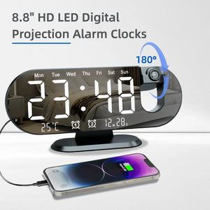180° Rotating LED Projection Alarm Clock with Large Display, Dual Alarms, Dimmer, Ceiling Projector & USB Charging