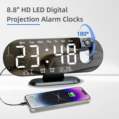 180° Rotating LED Projection Alarm Clock with Large Display, Dual Alarms, Dimmer, Ceiling Projector & USB Charging