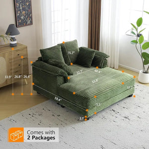 56-Inch Oversized Corduroy Chaise Lounge Chair – Deep Seat Reading Sofa Bed with Throw Pillows for Living Room