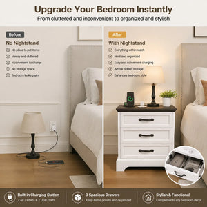 Farmhouse Nightstand with Charging Station, 3-Drawer Bedside Table with 2 AC Outlets & 2 USB Ports, White Storage Cabinet