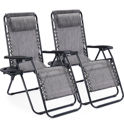 Set of 2 Zero Gravity Reclining Lounge Chairs – Portable Folding Outdoor Chairs with Cup Holder Trays & Adjustable Pillows
