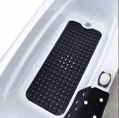 Extra Long Non-Slip Bathtub & Shower Mat 40x16 Inch, Suction Cups, Drain Holes, Machine Washable, Gray & Black