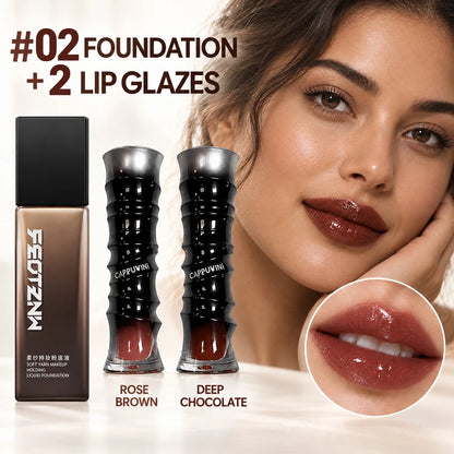 3-Piece Makeup Set, Full Coverage Liquid Foundation & 2 High-Shine Lip Glosses, Rose Brown & Deep Chocolate